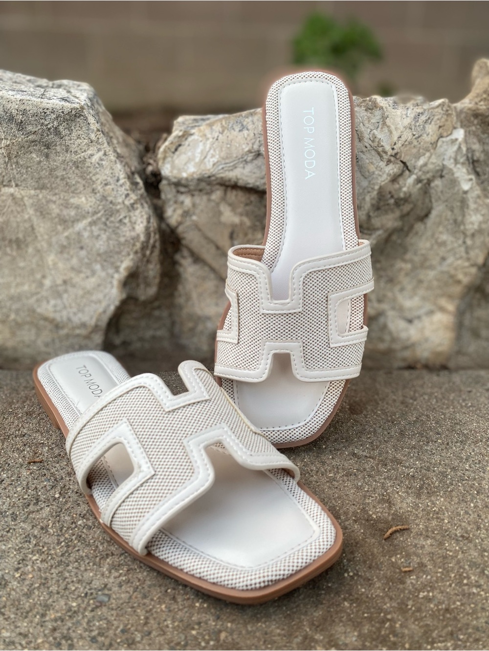 TOP Moda Cream Open-Toe Slide Sandals with Cutout Detail